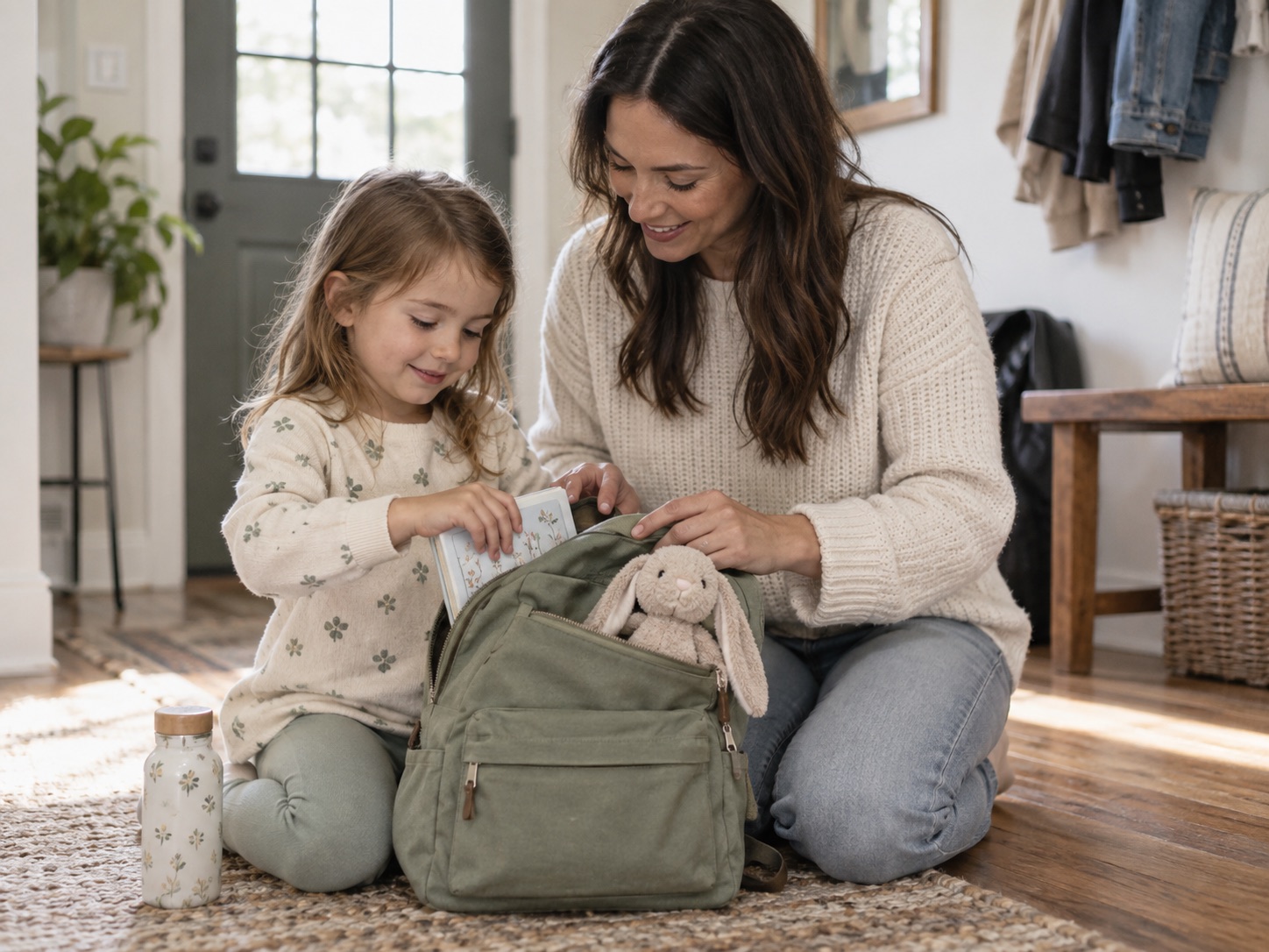 Illustrative parent and child preparing a backpack and comfort toy at home