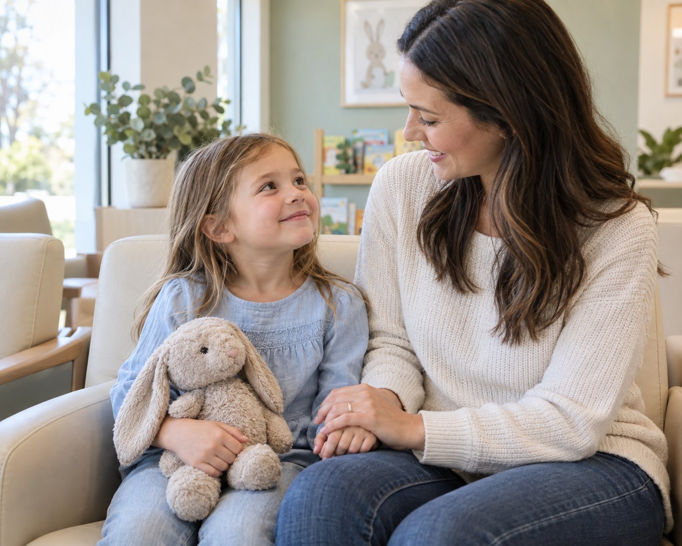 Illustrative mother reassuring her child before a dental visit